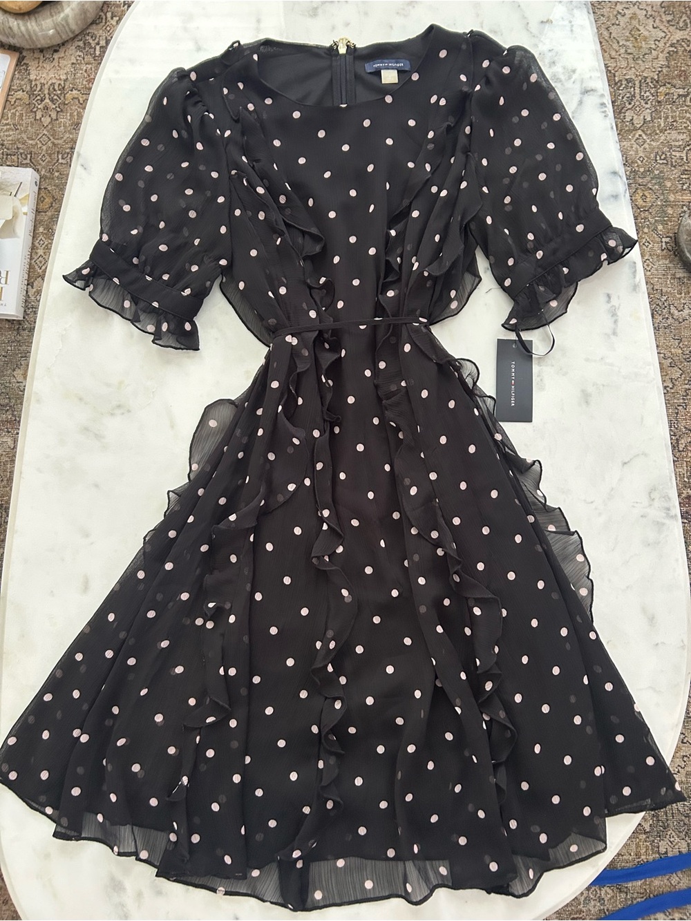 NWT Tommy Hilfiger Black Midi Dress with Pink Polka Dots